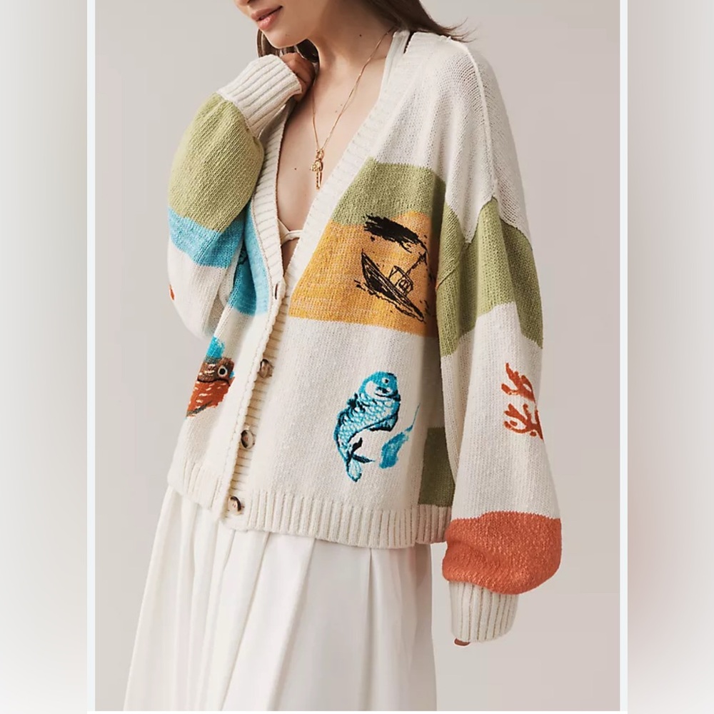Anthropologie Pilcro Icon Graphic Cardigan Sweater multicolor print size S - Picture 2 of 12